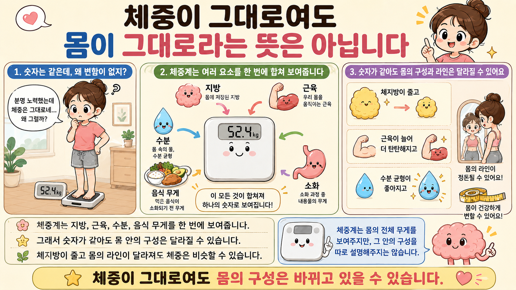 체중은 그대로인데 옷이 헐렁해진 상황을 숫자보다 몸 변화로 해석하는 웹툰형 인포그래픽