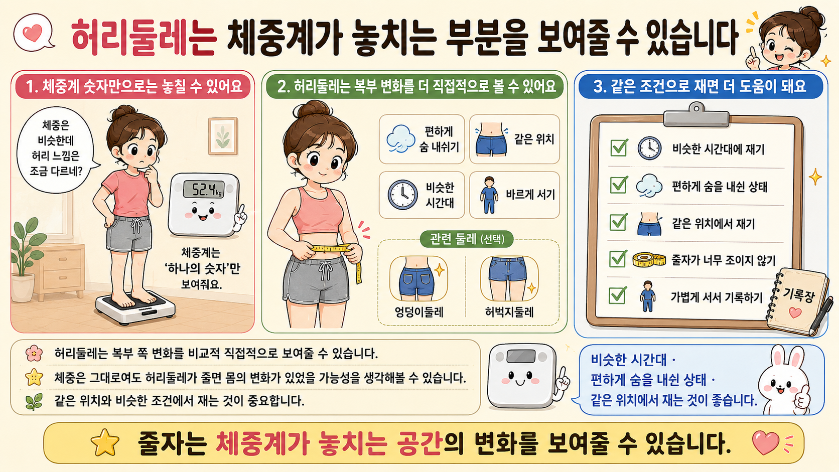 눈바디를 볼 때 조명, 각도, 시간대를 비슷하게 맞춰야 함을 설명하는 인포그래픽
