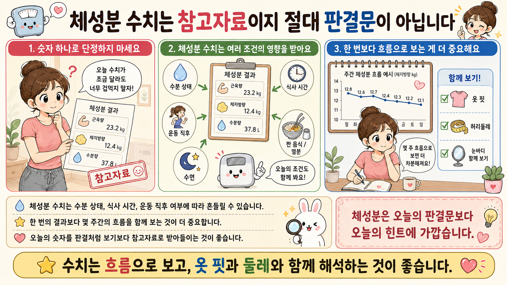 허리둘레와 엉덩이둘레, 허벅지둘레를 같은 위치에서 기록하는 방법을 보여주는 이미지
