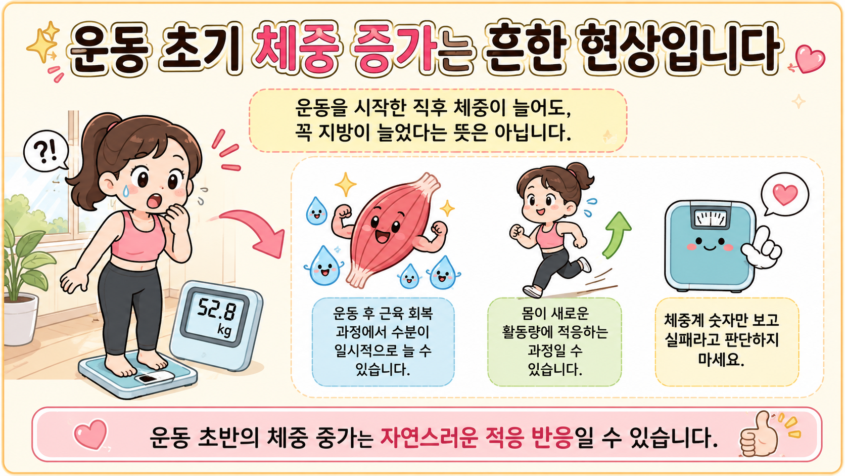 운동 시작 후 체중이 늘어나는 이유를 설명하는 내 몸 이야기 썸네일