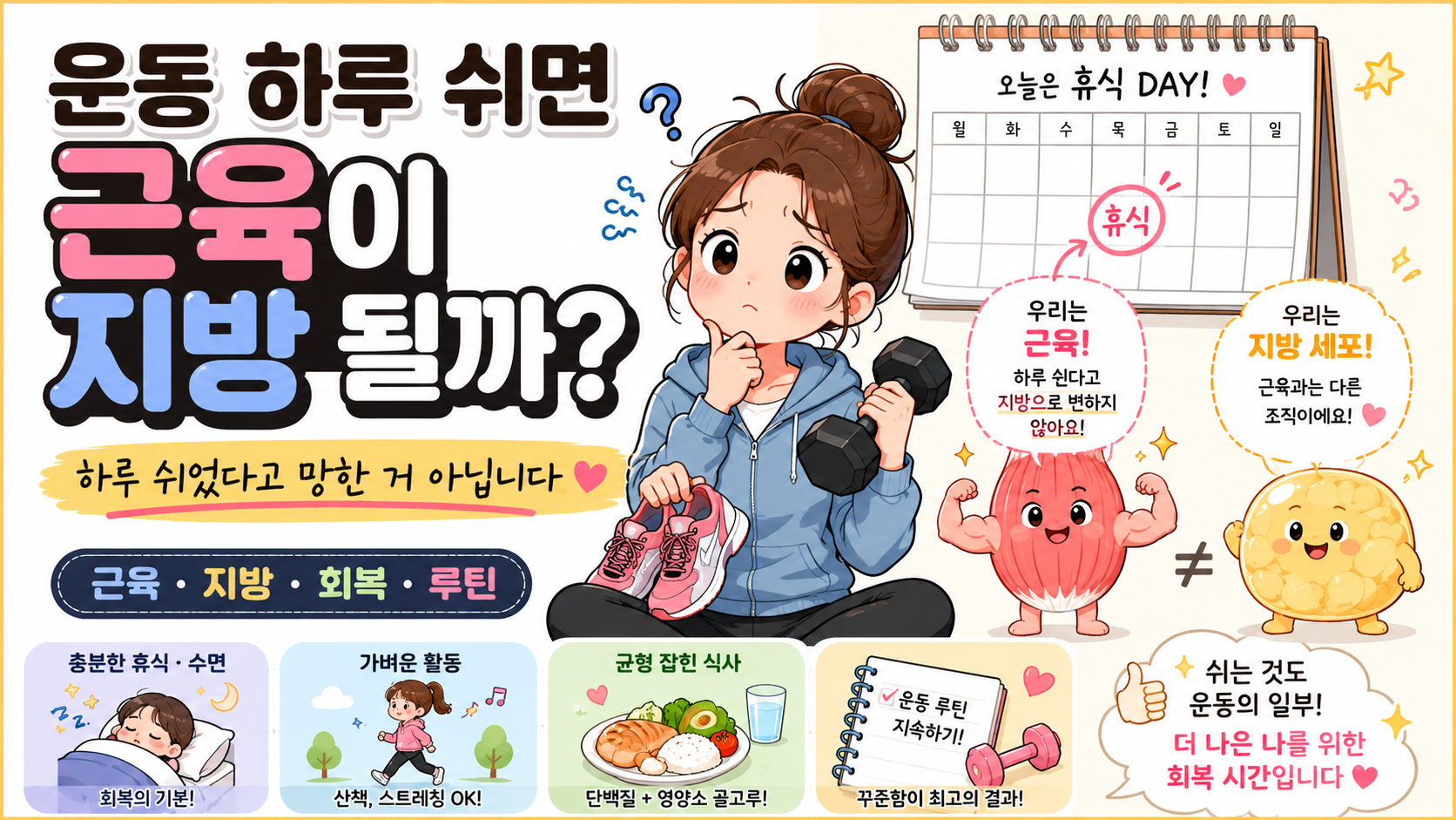 운동 하루 휴식과 근육 지방 오해를 설명하는 내 몸 이야기 썸네일