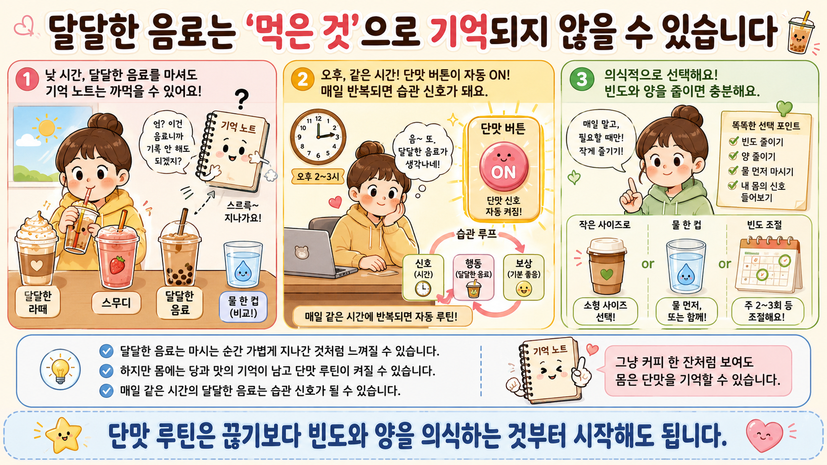 달달한 음료와 간식이 반복되면 단맛 습관이 강해질 수 있음을 설명하는 웹툰 이미지