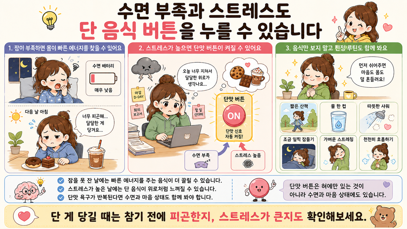 잠 부족과 스트레스가 단 음식 욕구를 키울 수 있음을 보여주는 인포그래픽