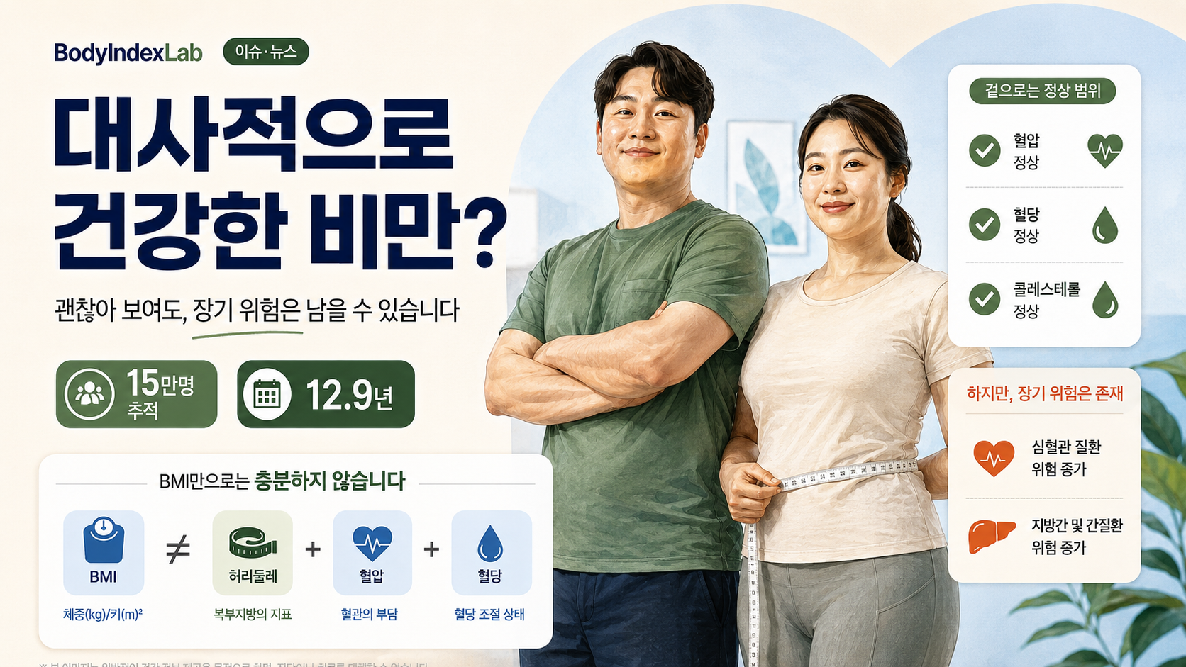 대사적으로 건강한 비만과 BMI·허리둘레·혈압·혈당을 함께 살펴보는 장기 추적 연구 인포그래픽