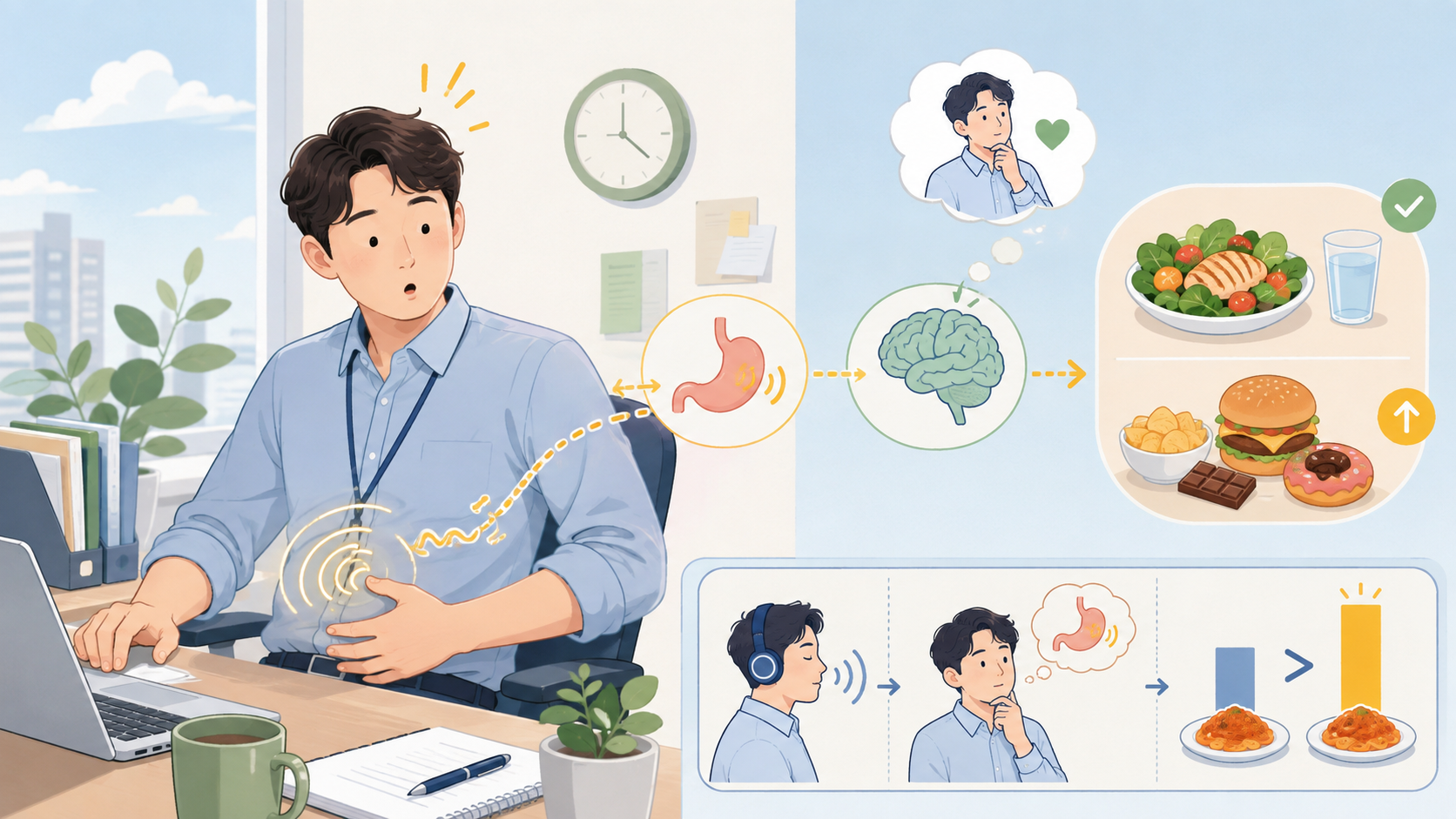 직장인이 배에서 나는 꼬르륵 소리를 배고픔으로 해석하고 음식 선택을 떠올리는 일러스트