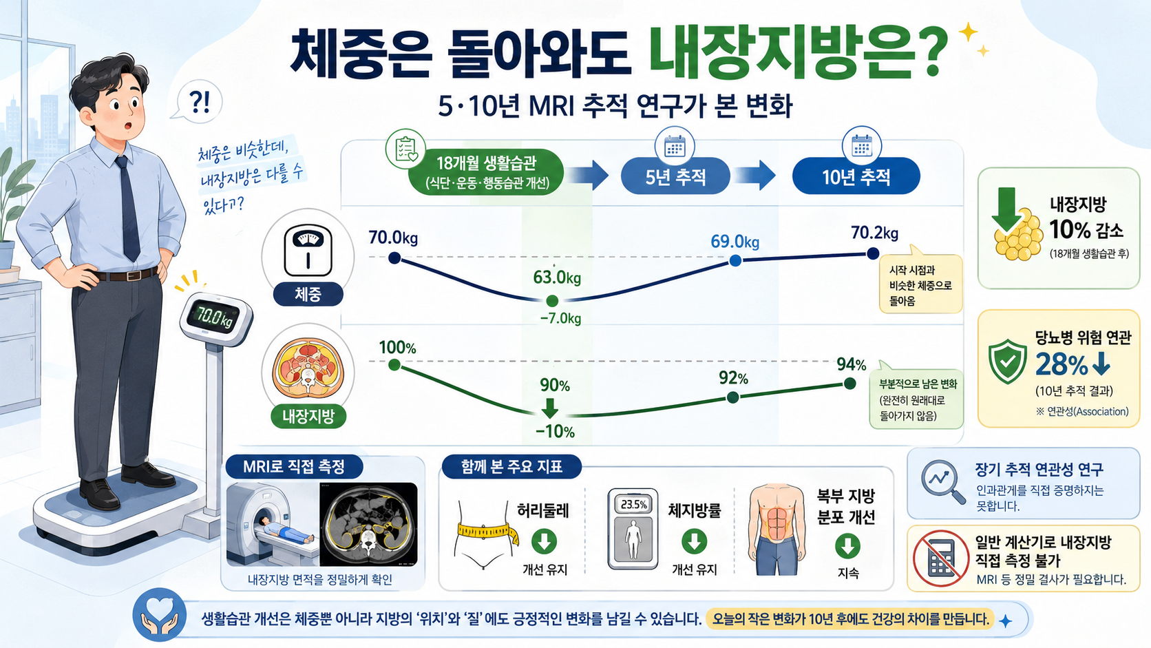 체중 재증가 뒤에도 내장지방 감소가 일부 남을 수 있다는 5년·10년 MRI 추적 연구를 설명하는 인포그래픽