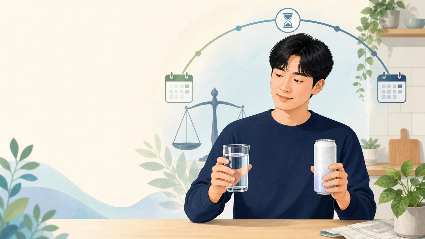 제로음료와 물을 비교하는 2년 체중관리 연구를 설명하는 일러스트. 물과 무브랜드 탄산음료, 체중관리의 균형을 함께 보여준다.