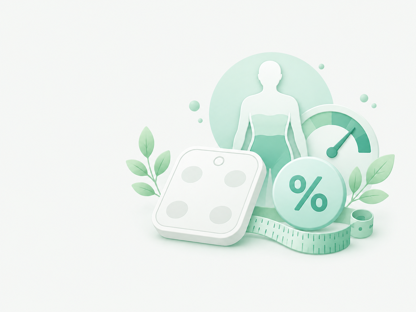 체지방률 추정을 상징하는 체중계, 신체 실루엣, 퍼센트, 줄자 이미지