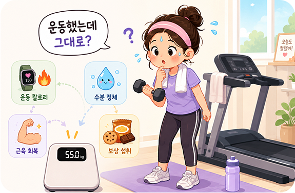 운동 후 체중이 그대로인 이유를 수분 정체, 근육 회복, 보상 섭취와 함께 설명하는 웹툰형 히어로 이미지
